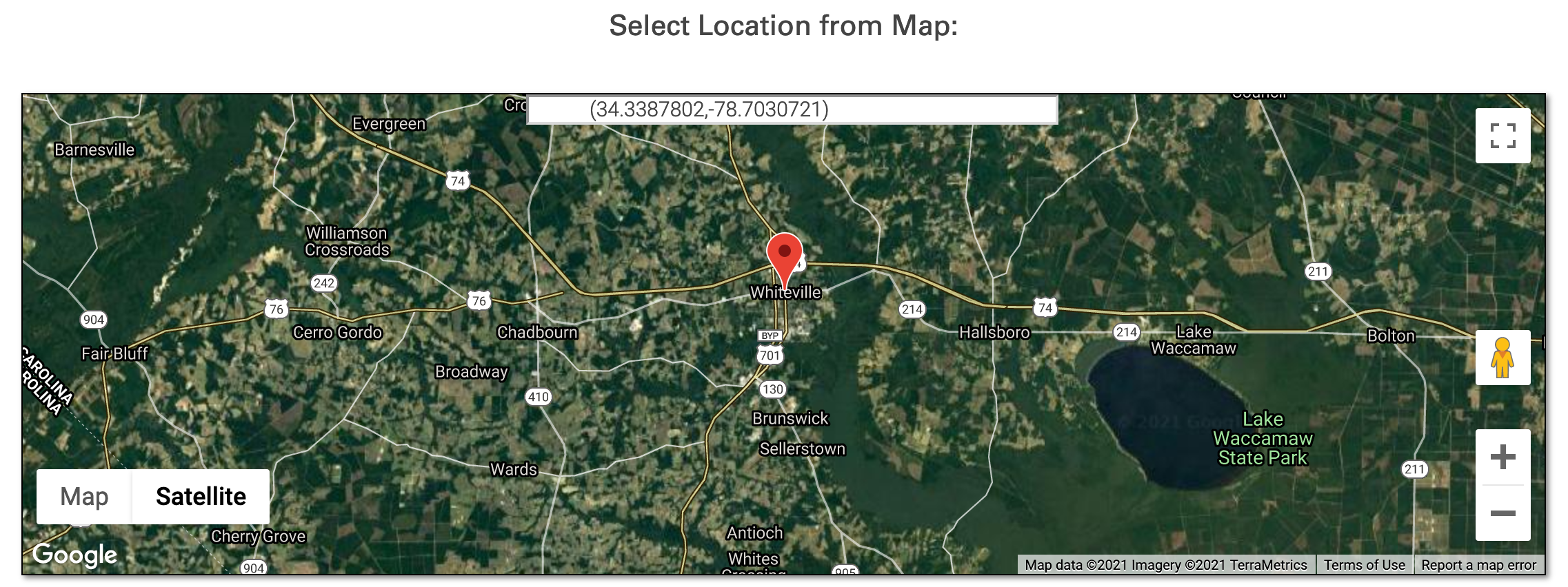Map for users to select location on click
