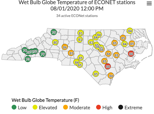 Map of wet bulb globe temperature estimates across NC ECONet sites.