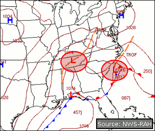 A surface map of a complex, or Miller type B, storm system, with a pair of low pressure systems on either side of the Carolinas