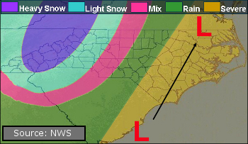 A map of an inland storm trackw ith mixed precipitation types across NC