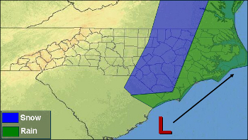 A map of a slightly offshore storm track with snow and rain in eastern NC