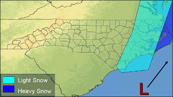 A map of a far offshore storm track with snow at the coast