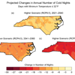 Maps showing the projected changes in the average number of cold nights per year in North Carolina