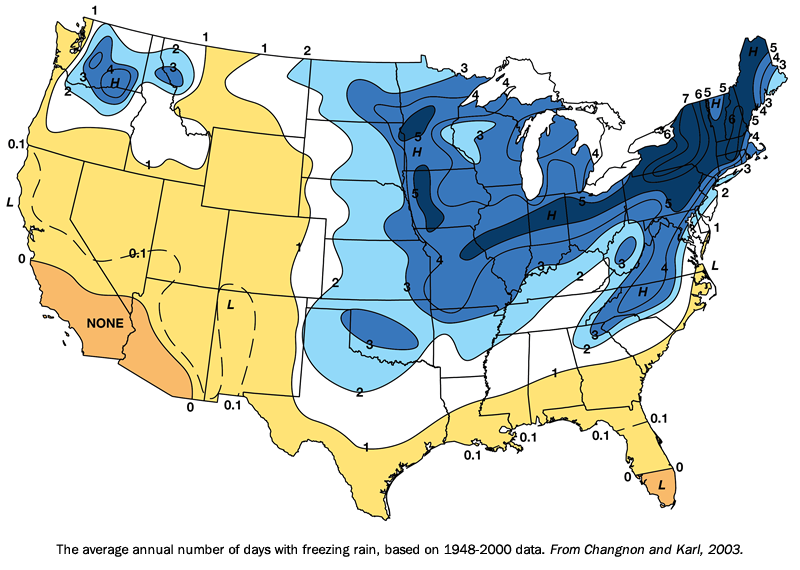 A map showing the average annual number of freezing rain days across the country, based on data from 1948 to 2000