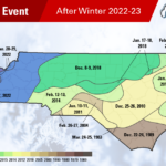 A map of the last snow events totaling at least 6 inches across North Carolina, as of the end of winter in 2022-23