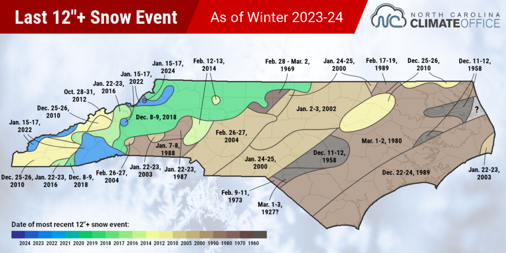A map of the last snow events totaling at least 12 inches across North Carolina, as of the end of winter in 2023-24
