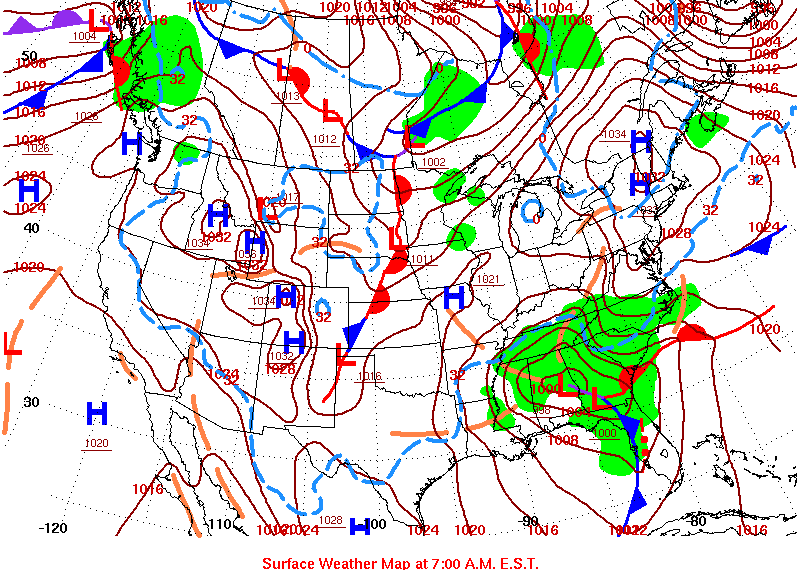 A surface weather map from January 16, 2022, showing high pressure to our north and low pressure forming to our south.