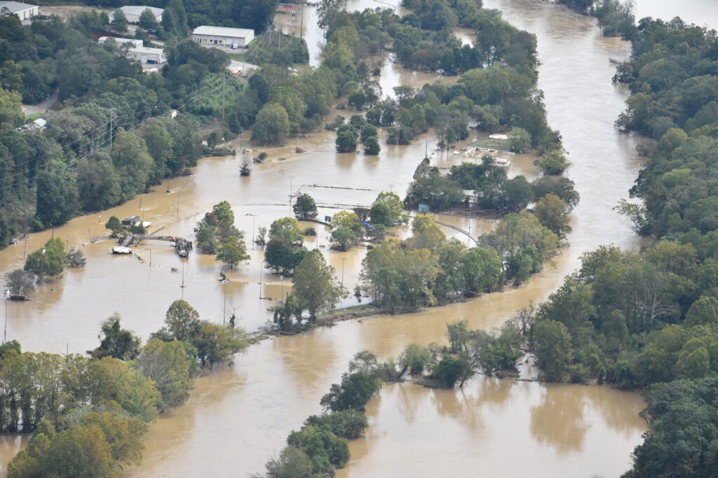A photo of flooding in the outskirts of Asheville after Hurricane Helene