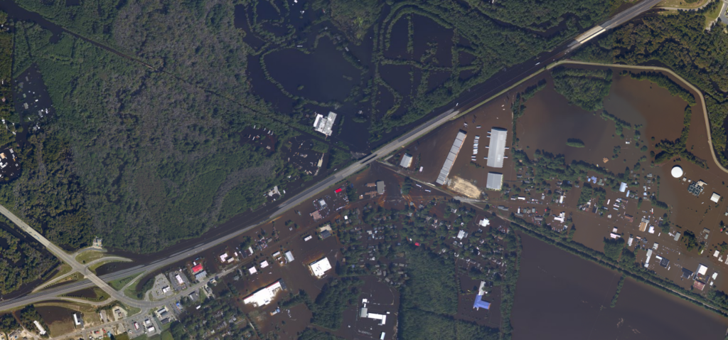 An aerial photo of flooding in Lumberton after Hurricane Matthew