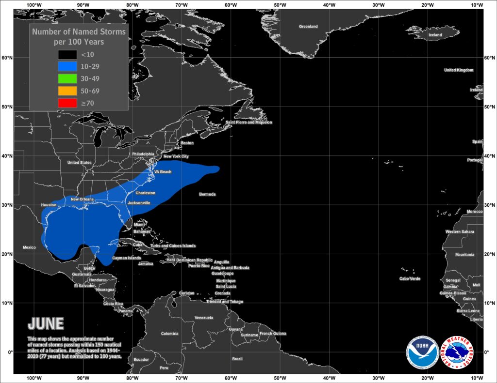 A map of historical Atlantic tropical storm occurrence during the month of June