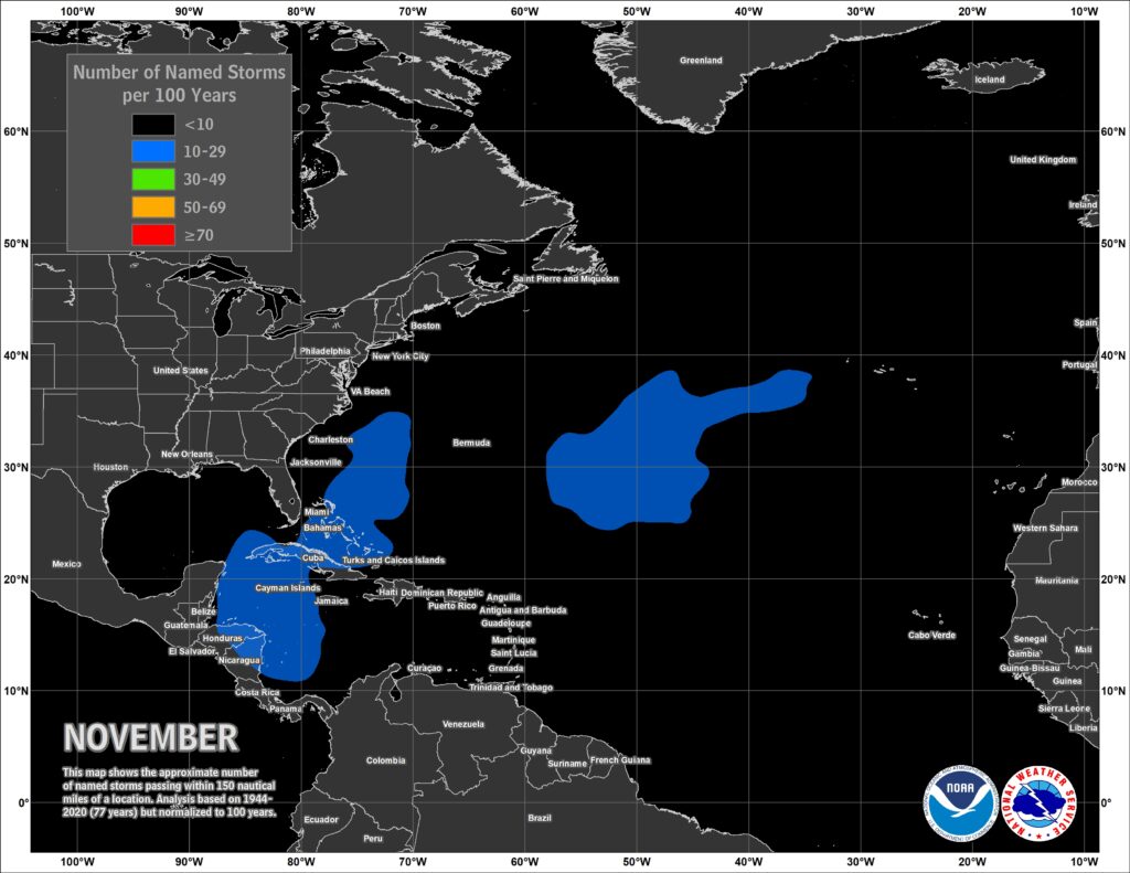A map of historical Atlantic tropical storm occurrence during the month of November