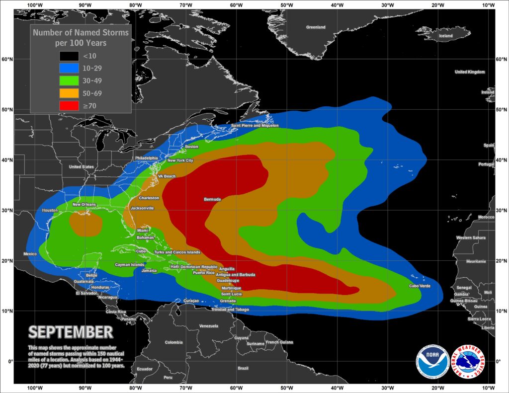 A map of historical Atlantic tropical storm occurrence during the month of September
