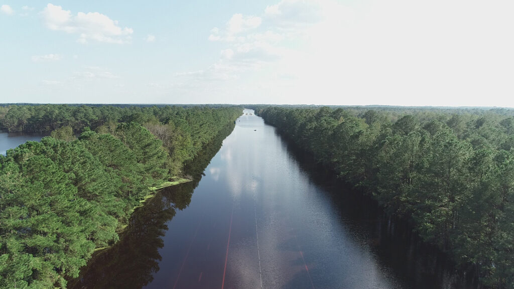 A drone photo of flooding on Interstate 40 in Pender County after Hurricane Florence in 2018